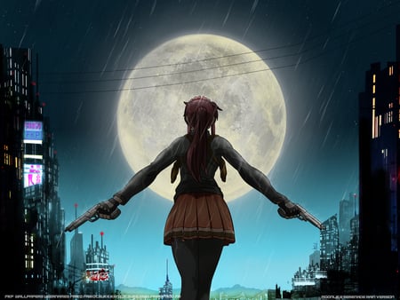 The Moonlite Serenade - moon, dual, girl, city, anime, night, black lagoon, handgun