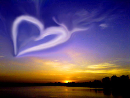 Romantic eve - evening, sunset, golden, blue sky, clouds heart shape