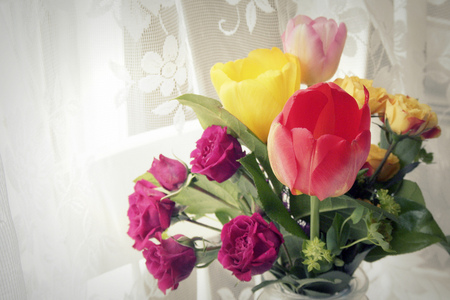 spring flowers - roses, tulips, beautiful, flowers, spring, vase, still life