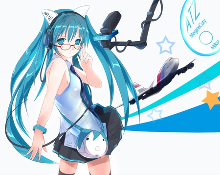 Hatsune Miku - tie, pretty, star, uniform, cat ears, headphones, nice, program, neko, hot, thighhighs, beauty, virtual, white, cute, song, sexy, vocaloid, anime, yellow, twintail, hatsune miku, bag, microphone, music, aqua, idol, anime girl, skirt, beautiful, singer, girl, cool, black, miku, glasses, awesome, diva, recording, hatsune, vocaloids, headset