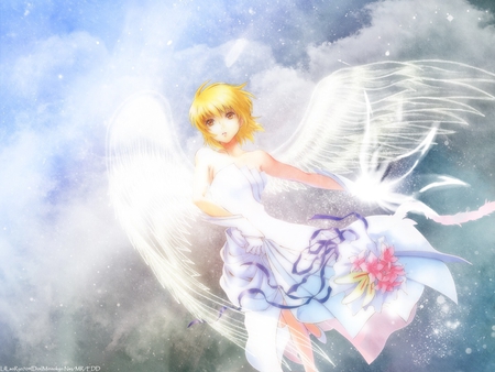 Heavens Beautiful - heaven, beautiful, angel, flower, cagalli, wings, cloud, gundam seed, sky