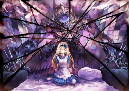 Alice in Wonderland - monster, wonderland, golden hair, dress, aqua eyes, ribbon, alice