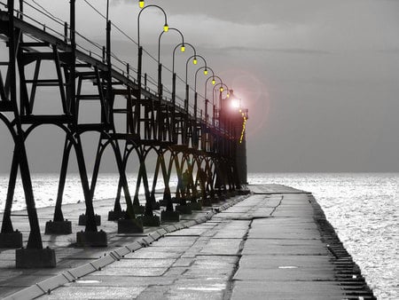 The Light - pier, lighthouse, background, light, wallpaper, gray