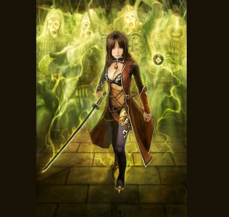 I Brought Backup - face, sword, beauty, beautiful, walking, anime, abstract, girl, ghosts, warrior, long hair, fantasy, danger, female, woman, green