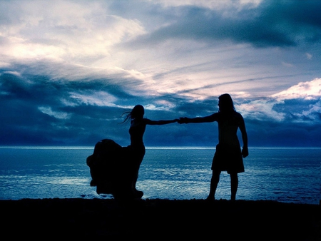 Before you go - woman, sky, shadows, blue, man, sea