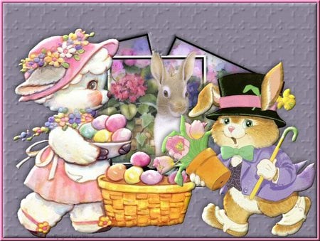 Bunnies at easter time - hat, eggs, easter, basket, spring, bunny