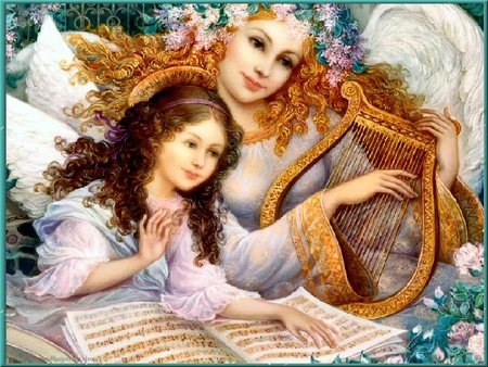 Easter Angel - women, angel, harp, music, wings, easter, child, bench, lovely, artwork, flowers