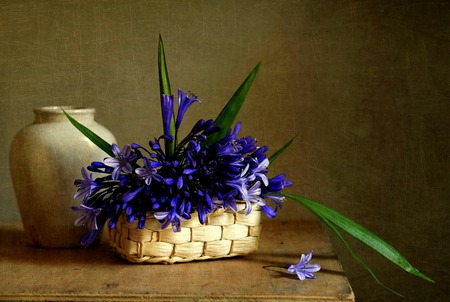 Spring Simplicity - hyacinths, table, purple hyacinths, flowers, basket, still life, white vase, vase