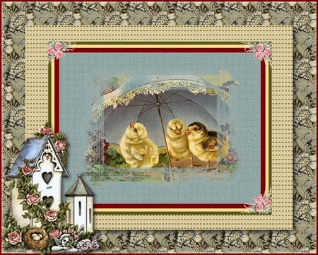 three chicks with umbrella - easter, umbrella, birdhouse flowers, chicks