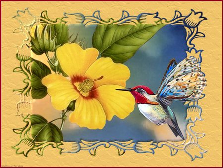 The hummingbird that stole my heart - yellow flower, yellow background, mask, hummingbird