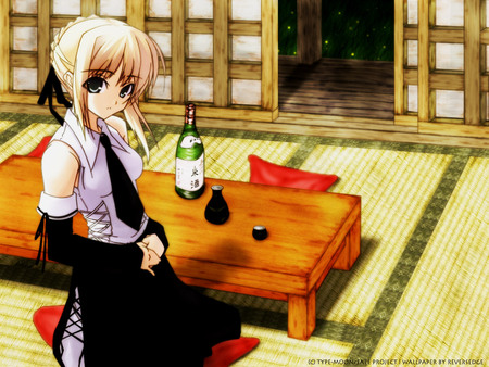 Welcome home, Darling... - saber, house, arturia, casual clothes, game, anime, sake, table, housewife, servant, knight, king, fate stay night