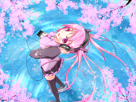 Sakura Miku - aqua, hot, headset, thighhighs, music, anime girl, ipod touch, art, cool, pink eyes, artistic, touch, hatsune miku, sexy, skirt, song, ipod, sakura miku, waves, vocaloids, program, sakura, vocaloid, pink, beautiful, uniform, diva, beauty, nice, itouch, trees, water, twintail, singer, virtual, pretty, idol, anime, miku, cute, girl, pink hair, cg, hatsune, sakura trees, microphone, blue, headphones, tie, awesome, digital