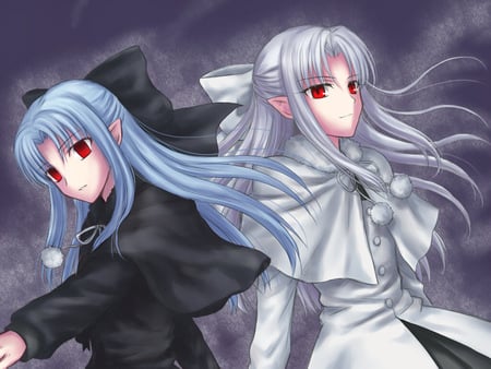 Black & White - tsukihime, ribbons, light, long hair, good, evil, black, red eyes, white, len, blue hair, dark, game, twins, anime, white hair