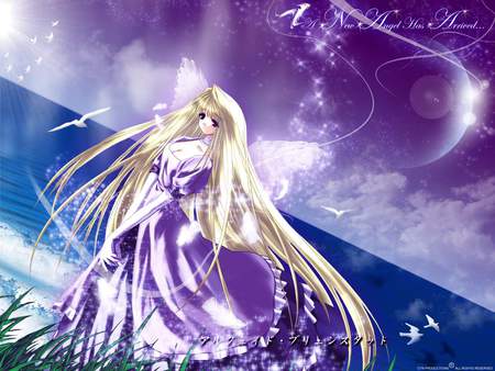 New Angel - moon, tsukihime, angel, long hair, night, wings, red eyes, game, beautiful, anime, golden hair, cute, arcuied