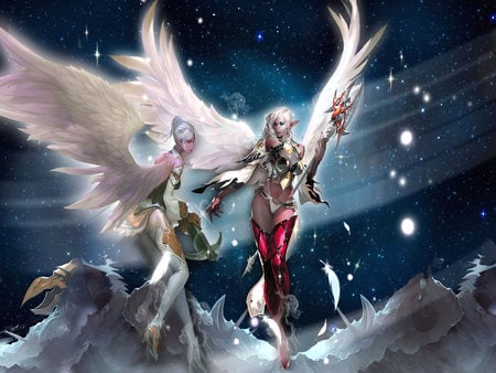 Stars Angel - stars, angel, video game, feather, wings, two female, lineage, fantasy