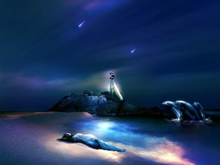 IN THE STILL OF THE NIGHT - sky, beach, stars, night, dolphins, females, rocks