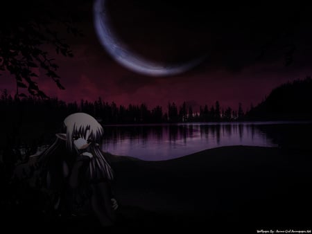 anime night - girl, anime, water, dark