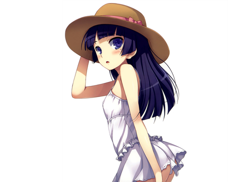 cute girl - hat, girl, hair, eyes, white, dark blue, anime, ribbon, cute, dress