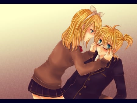 Rin & Ren - glasses, blue eyes, ren, rin, vocaloid, ribbon, sweet, uniforms, cute, blonde