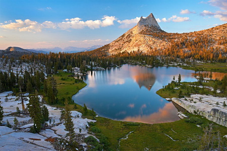 Above the Timberline - water, nature, lake, forest, green grass, sky-blue, lovely place