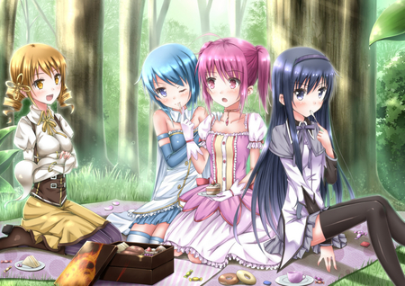 girls in the forest - yellow, blue, wood, picnic, forest, pink, hair, happy, four girls, sun