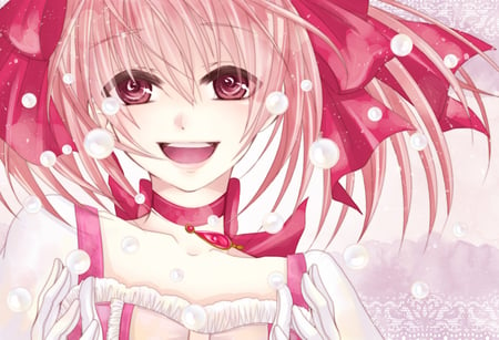 Kaname Madoka - mahou shoujo madoka magica, kaname madoka, ribbons, pink, pink hair, smile