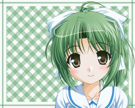 Touyama Midori - brown eyes, anime, sute, green, girl, blush, green hair, ribbons