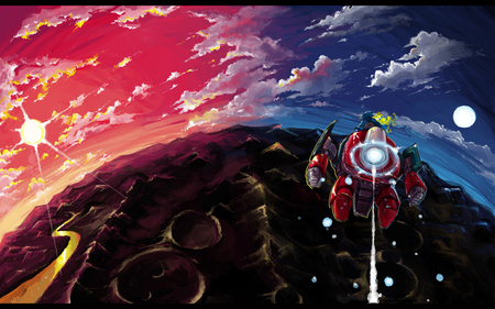 Fly Together - nia, anime, together, night, simon, lagann, black, sunset, fly, red, mecha, tengen toppa gurren lagann, couple