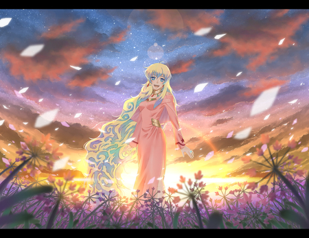 The Sunrise Scenery - tengen toppa gurren lagann, girl, female, field, anime, nia, sunrise, flower, mecha