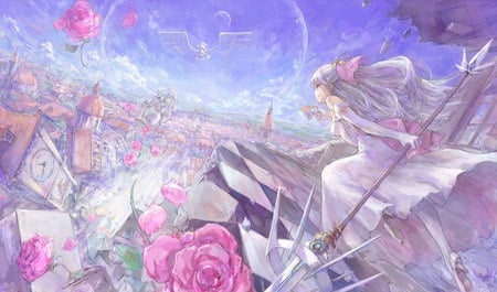 Pixiv Fantasia open air - city, weapon, flowers, roes, pixiv fantasia, dress, white hair