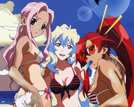 The Pretty Girls - tengen toppa gurren lagann, beach, darry, long hair, black, red hair, yoko, white, lolipop, bikini, red, tan, anime, nia, swimsuits, mecha