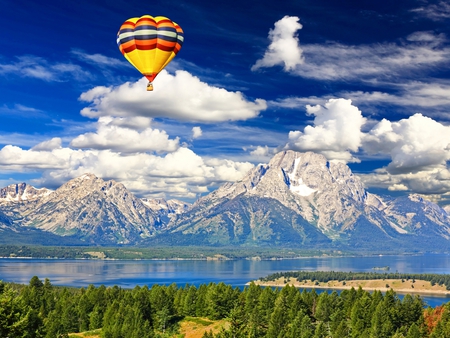 Landscape - magic, snow, hot air balloon, woods, hot, beauty, colors, river, white, nature, green, balloons, hot air balloons, blue, air, splendor, landscape, grass, forest, reflection, view, lake, sky, clouds, trees, water, beautiful, photography, balloon, lovely, colorful, mountains, peaceful