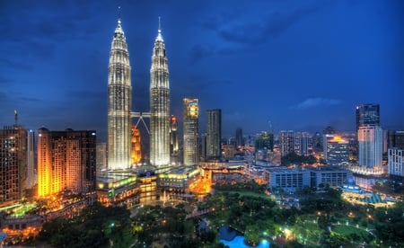 Kuala Lumpur,Malaysia - petronas towers, skyscraper, colorful, tower, downtown, view, evening, petronas, grass, building, lake, majestic, structure, buildings, skyscrapers, pair, nature, skyline, beautiful, malaysia, towers, beauty, sky, trees, peaceful, water, clouds, architecture, green, house, twin, kuala lumpur, houses, night, cityscape, lovely, city, colors, lights