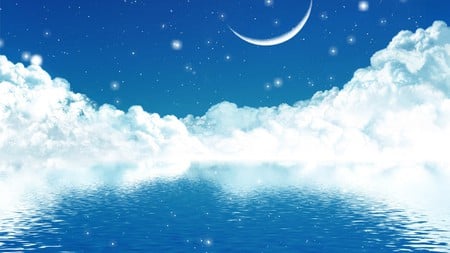 Mystic Night - sky, water, clouds, moon, stars, blue