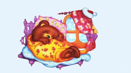 Sleeping Bear - bed, window, bear, cartoon, firefox persona, sleepy, cute, christmas