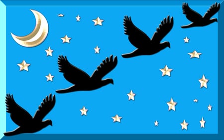 BIRD - moon, star, blue, black, bird