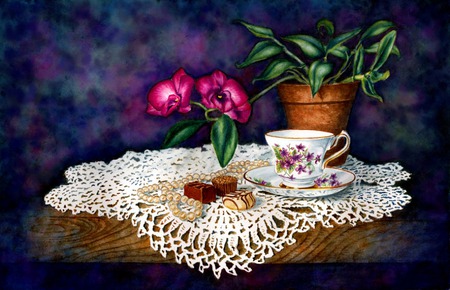 candy  and  coffee - flowers, pearls, table, saucer, teacup, plant, candy, doily