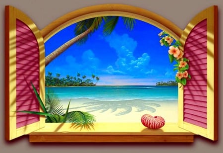 Tropical View - seashell, ocean, palm tree, trees, pink shutters, shadows, shutters, water, window, clouds, flowers, sea, sand