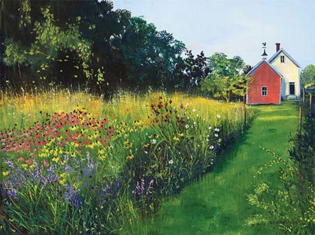 path to home - sky, path, shed, wildflowers, house, grass