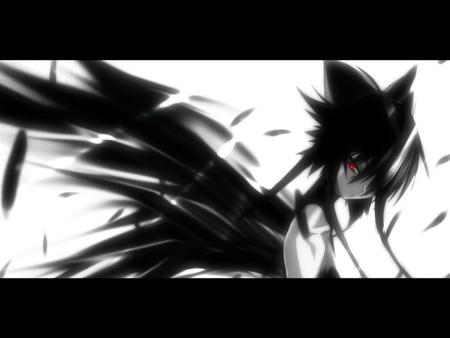 dark within - girl, wings, black, blank, red eyes, short ahir, dark, anime, border