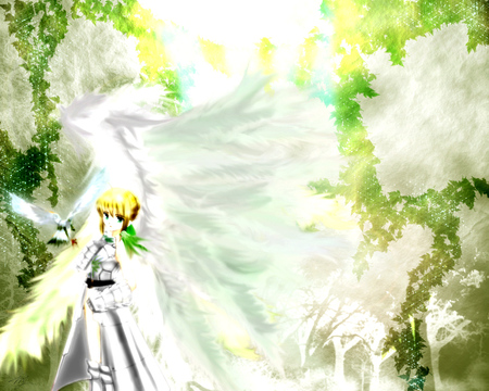 The Beautiful Wings - saber, angel, wings, fate stay night, white, lily, game, anime, birds