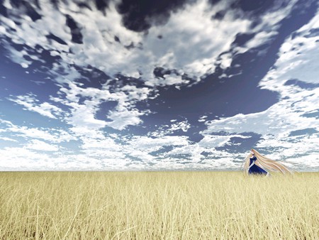 Fields of Hope - game, anime, blue, tsukihime, sky, long hair, golden, golden hair, arcueid, field