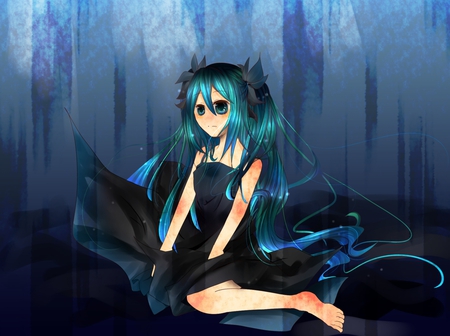 Hatsune Miku - Deep Sea Girl - pretty, artistic, nice, ocean girl, program, beauty, virtual, cg, drawing, white, cute, aqua eyes, song, vocaloid, anime, ocean floor, blue, twintail, dress, hatsune miku, music, aqua, deep sea girl, art, idol, anime girl, beautiful, singer, girl, cool, ocean, black, awesome, diva, painting, digital, aqua hair, hatsune, vocaloids