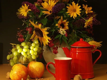 Morning Coffee - flowers, grapes, apples, nuts, red pot, daisy, still life, cup