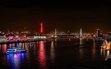 Night on the river - beauty, places, night, water, shanghai, huangpu, nature, reflection, red, blue, oriental, rivers, boat, lights