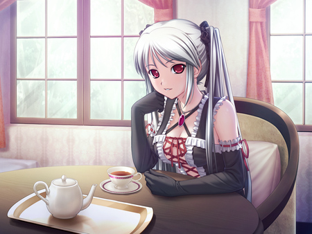 Tea time - tea, cute, beautyful, black dress, anime, girl, time