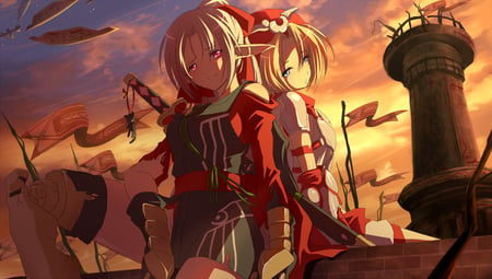 Short break - girls, anime, sunset, katana, sword