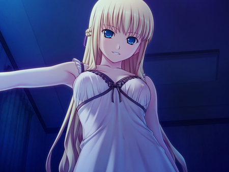 come closer - wihte nightdress, sexy, girl, hot, blonde hair, blue eyes, anime, smile