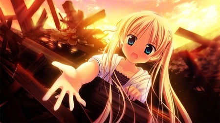 Akizuki Tsukasa - hand, sunset, twintails, cute, aqua eyes, blonde hair