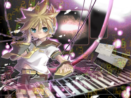 Bring it on, Len !! - len, kagamine, game, headphones, boy, anime, cyber, keyboard